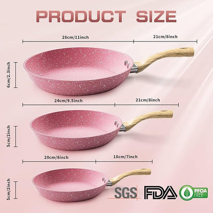Frying Pan Nonstick Set, 8" & 9.5" & 11" Pink Egg Pan, Non Stick Fry Pan Set PFOA-Free Omelet Pan, Toxin-Free Skillets Stone Cookware, Anti-Warp Base with All Stove Tops Available,Induction Compatible