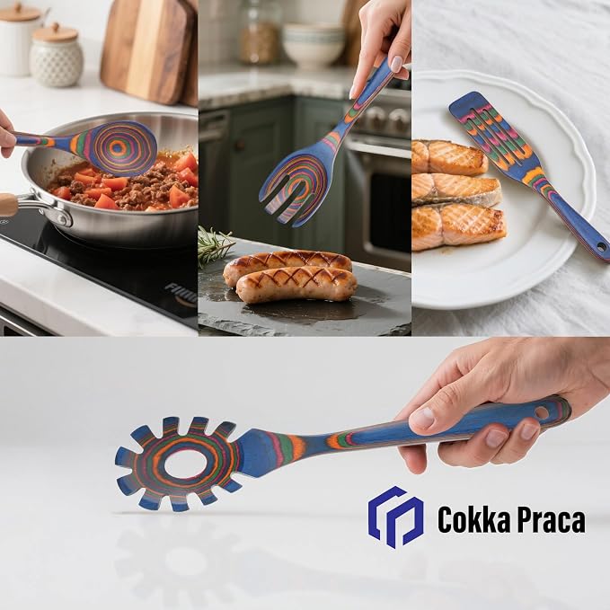 6-Piece Pakkawood Kitchen Utensils | Heat Resistant Wood Kitchen Utensils | Pakkawood Kitchen Cooking Utensil Set | Wooden Spoons for Cooking | Non-Sitck Cooking Spoons | Sapphire