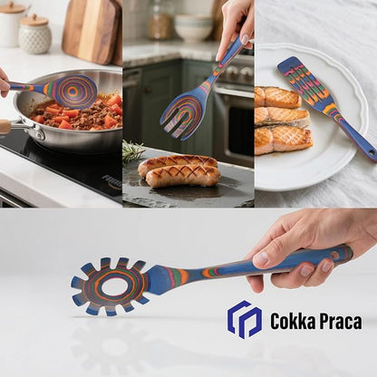 6-Piece Pakkawood Kitchen Utensils | Heat Resistant Wood Kitchen Utensils | Pakkawood Kitchen Cooking Utensil Set | Wooden Spoons for Cooking | Non-Sitck Cooking Spoons | Sapphire
