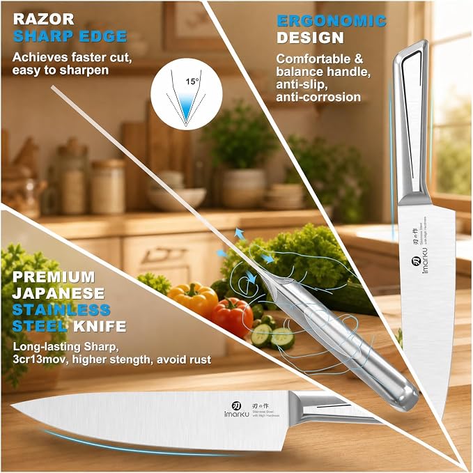 imarku 14-Piece Knife Set with Block, Built-in Sharpener, High Carbon Stainless Steel Kitchen Knives, Dishwasher Safe, Rust Resistant, Non-Slip Handle – Gift for Home Cooks & Chefs, White