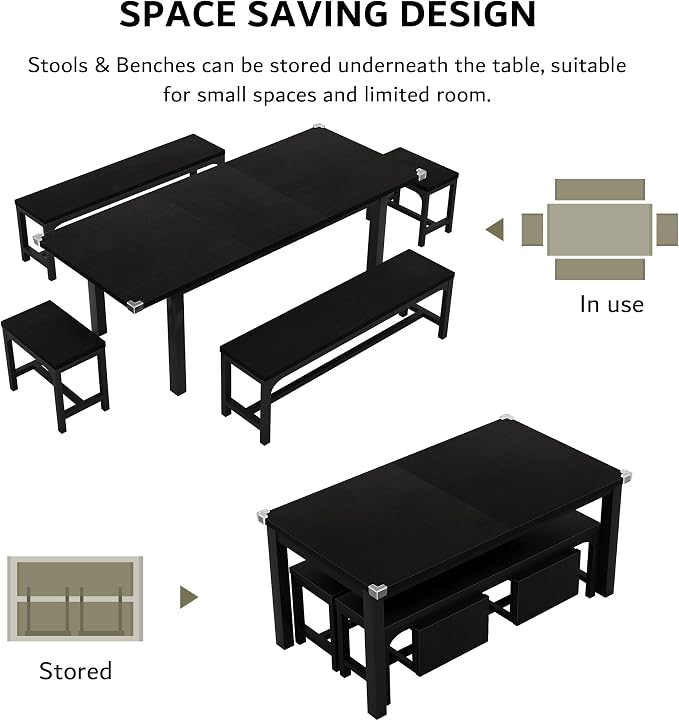 iPormis 5-Piece Dining Table Set for 4-8 People, Extendable Kitchen Table Set with 2 Benches and 2 Square Stools, Mid-Century Dining Room Table with Metal Frame & MDF Board, Saving Space, Black
