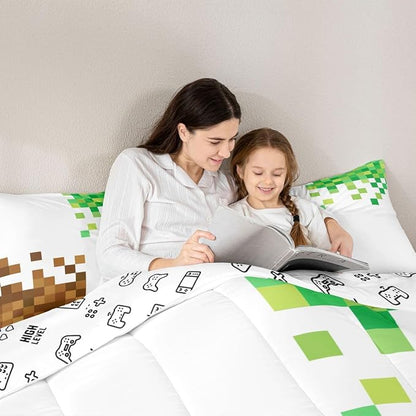 Manfei Pixelated Comforter Set Queen Size,Cartoon Gamepad Duvet Insert Adults Bedroom Decor,Miner Style Bedding Set,Brown Green Ultra Soft Microfiber Inner Fill 3Pcs Bedding