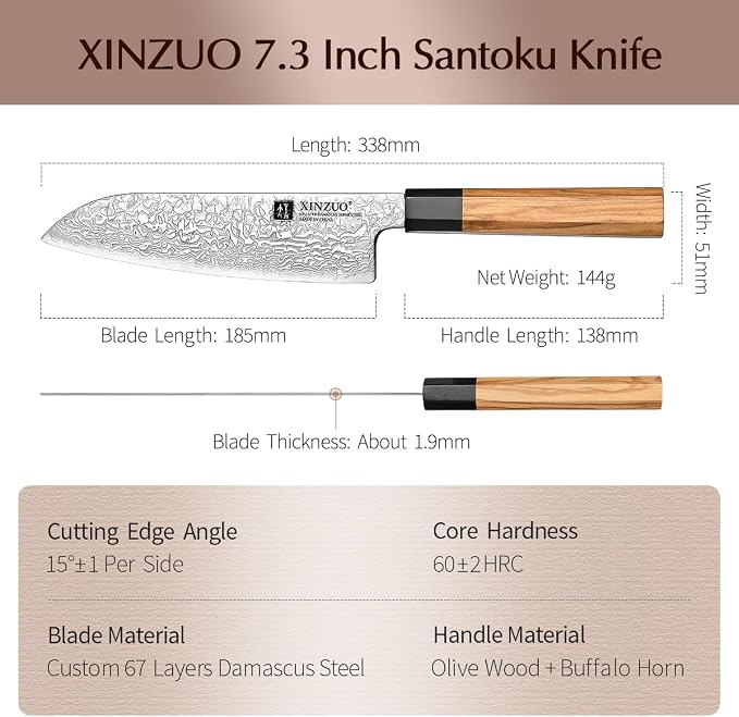 XINZUO 7.3 Inch Santoku Knife, Hand Forged 67 Layers Damascus Super Steel Chef Knife, Japanese Chopping Knife Ultra Sharp, Professional Kitchen Knife with Olive Wood Octagonal Handle