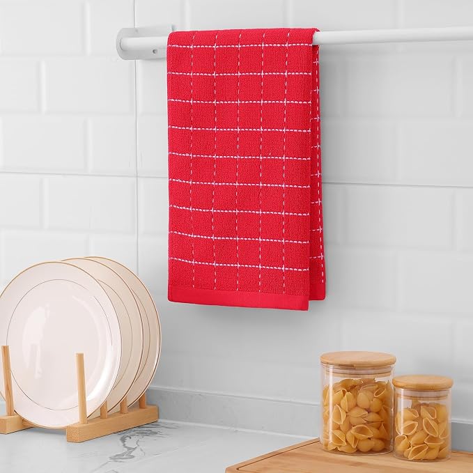 Mordimy 100% Cotton Terry Cloth Kitchen Towels, Super Soft and Absorbent Dish Towels for Drying, Checkered Designed Hand Towels for Kitchen, 13 x 28 Inches, 4 Pack, Red