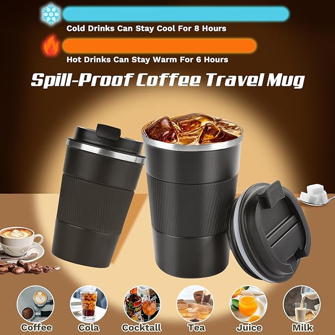 SPLMIFA Vacuum-Insulated Stainless Steel Travel Coffee Mug, Leak-Proof Reusable Coffee Cup with Lid - Keep Hot & Cold Drinks for Hours, Durable Insulated Tumbler for Men & Women(3rd-Black, 17OZ)