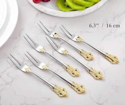 KEAWELL Luxury 6.3" Food Fork/Seafood Forks 18/10 Stainless Steel, Set of 6, Fruit Picks/Cocktail Forks/Charcuterie Accessories/Cocktail Picks for Appetizer, Cocktail, Pastry, Dessert (Gold Accent)