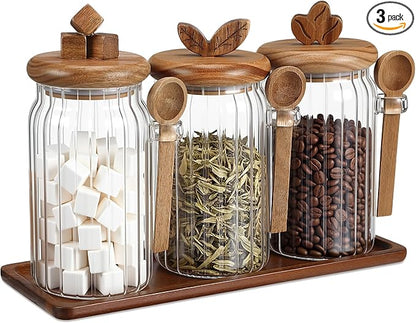 Suclain 3 Pcs Glass Coffee Container with Acacia Wood Lid & Spoon, 25 oz Airtight Glass Jar with Wooden Shelf, Food Storage Containers Coffee Jar Tea Container(Acacia Color)