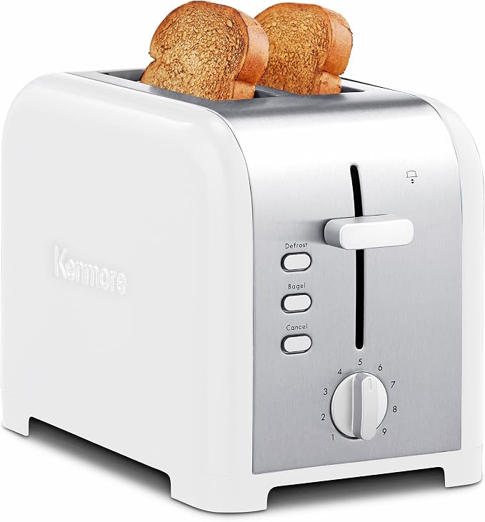 Kenmore 2-Slice Toaster, White Stainless Steel, Extra Wide Slots, Bagel and Defrost Functions, 9 Browning Levels, Removable Crumb Tray, for Bread, Toast, English Muffin, Toaster Strudel