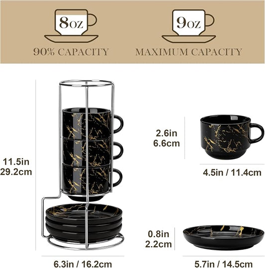 MALACASA 8 OZ Porcelain Espresso Cups with Saucers and Metal Stand Set of 4, Stackable Cappuccino Cups, Marble Black Expresso Shots Cup Set for Coffee Drinks, Latte, Tea