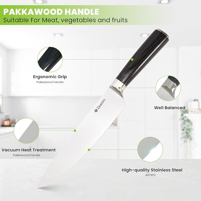 8-Inch Professional Chef Knife – Ultra Sharp High Carbon German Steel Kitchen Knife, Full Tang Forged, Ergonomic Pakkawood Handle, Finger Guard, Razor Edge for Slicing, Dicing & Mincing