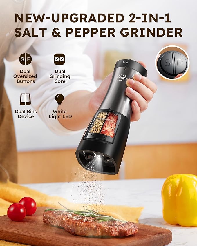 Sangcon 2-in-1 Electric Salt and Pepper Grinder, One Grinder for Two Seasonings, Automatic One-Handed Operation with Light, Adjustable Ceramic Mill, Refillable & Battery Powered