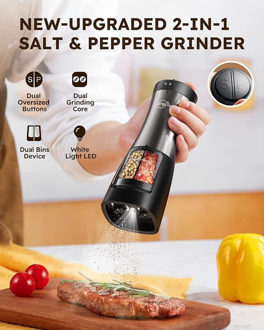 Sangcon 2-in-1 Electric Salt and Pepper Grinder, One Grinder for Two Seasonings, Automatic One-Handed Operation with Light, Adjustable Ceramic Mill, Refillable & Battery Powered