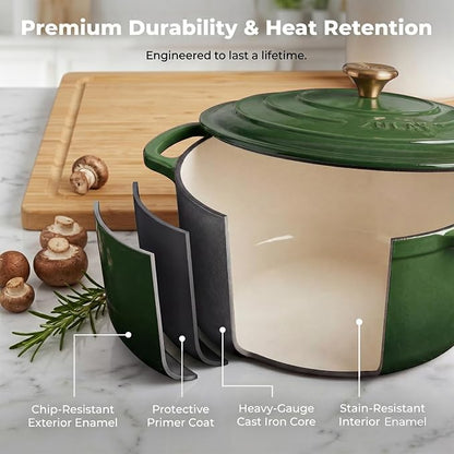 Zulay Kitchen 6.4QT Enameled Cast Iron Dutch Oven Pot with Lid, Heavy-Duty Soup Pot for Stews, Braising, Roasting & Sourdough Bread Baking, Oven Safe up to 500°F - Green