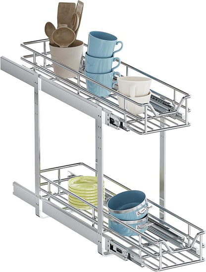 2-Tier Pull Out Cabinet Organizer, 7.5" W x 21.5" D, Heavy Duty Dual Slide Out Shelves for Narrow Base Cabinets, Chrome Wire Basket Drawer for Spices, Bottles & Snacks