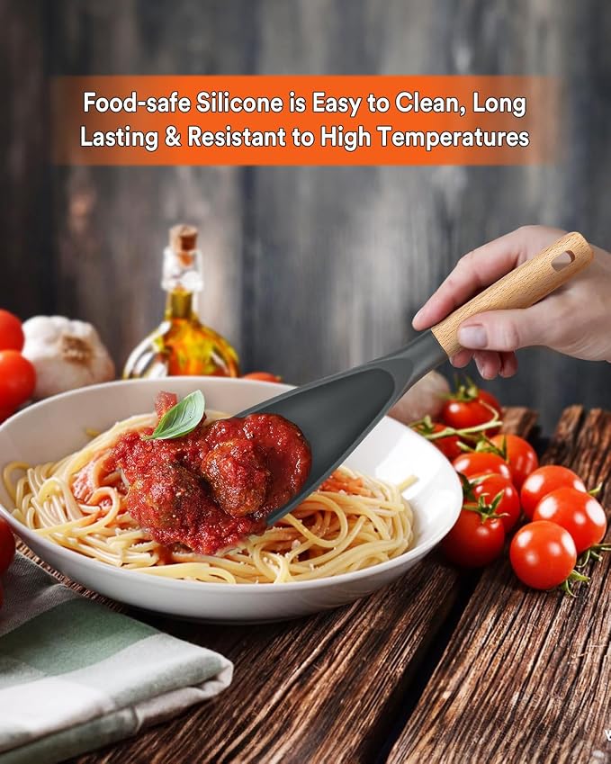 Cooking Spoon for Nonstick Cookwares, Great for Cooking and Serving Sturdy BPA-Free Matte Silicone, Wood Handle Spoon for Mixing, Scoop, and Scrape (GREY, 11.4 inch)