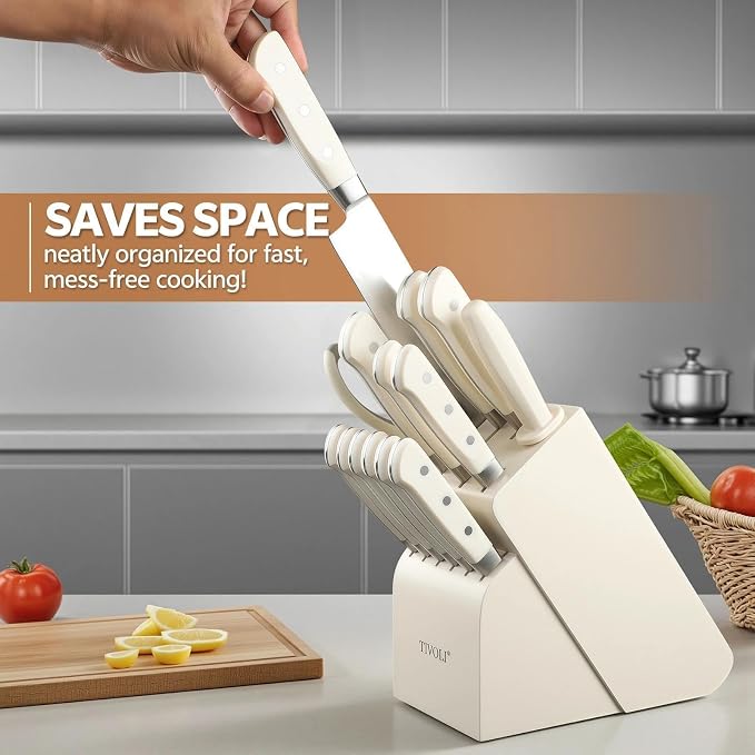TIVOLI 15 Pieces Knife Set with Block, Forged, High Carbon Stainless Steel Sharp Blade Kitchen Knife Block Set with Ergonomic Wood Handle, Dishwasher Safe Cutlery, Gifts For Cooks, Cream White