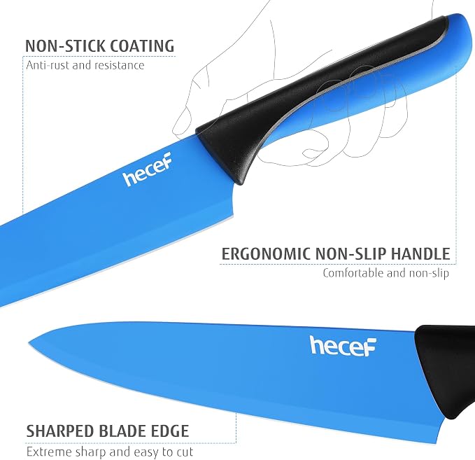 hecef 14 Pieces Kitchen Knife Set with Built-in Sharpening Wooden Block, Dishwasher Safe, High Carbon Stainless Steel Knife Block Set with Steak Knives, Kitchen Scissors (Blue)