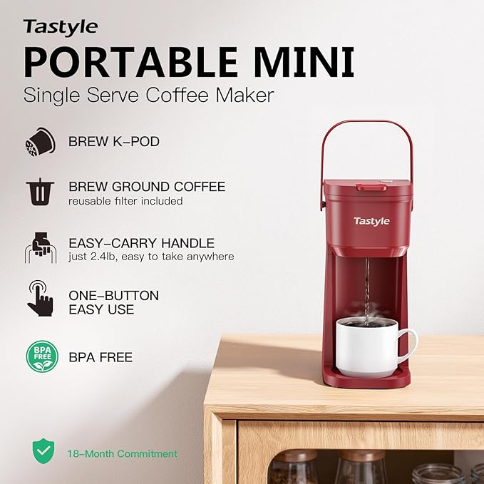 Tastyle K302 Single Serve One Cup Coffee Maker, for K Cups and Grounds, Mini Coffee Maker with Portable Handle, 6 to 12 Oz Brew Size, for Travel, Camping, Office, RV and Dorm, 120V, Vintage Red