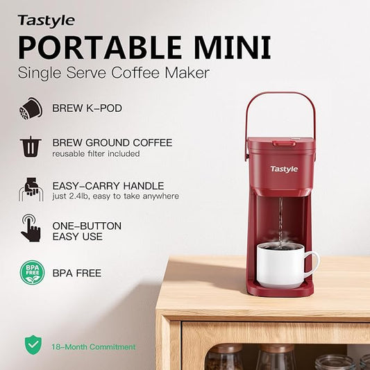 Tastyle K302 Single Serve One Cup Coffee Maker, for K Cups and Grounds, Mini Coffee Maker with Portable Handle, 6 to 12 Oz Brew Size, for Travel, Camping, Office, RV and Dorm, 120V, Vintage Red