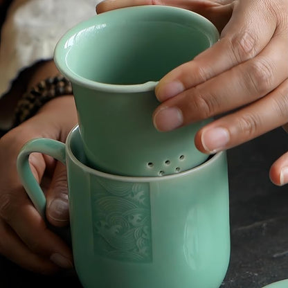 Tea Infuser Mug with Lid, 12oz Handcrafted Celadon Loose Leaf Cup — Ceramic Strainer Brewing Mug, Sage Green Japandi Drinkware, Gift for Tea Lovers