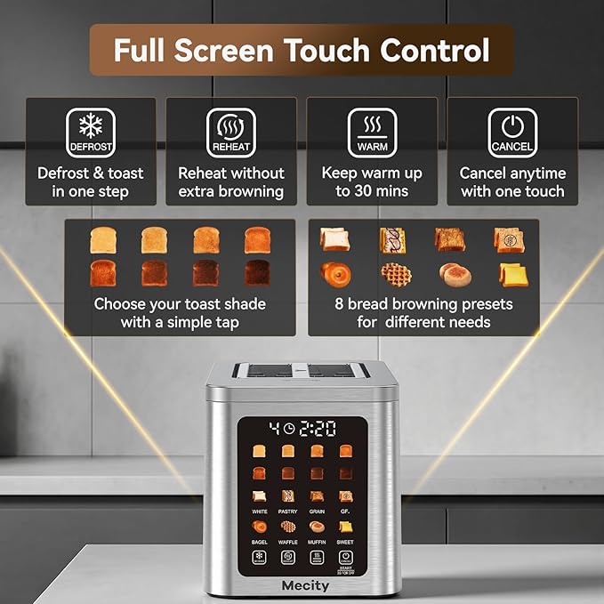 Mecity 2 Slice Smart Touchscreen Toaster, Stainless Steel Wide Slot Toasters with Auto Lift & 30-Minute Warm, Memory Function, Defrost & Auto Shutoff, Digital Electric Bread Toaster for Bagels