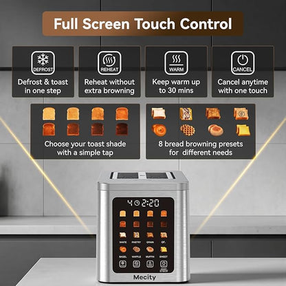 Mecity 2 Slice Smart Touchscreen Toaster, Stainless Steel Wide Slot Toasters with Auto Lift & 30-Minute Warm, Memory Function, Defrost & Auto Shutoff, Digital Electric Bread Toaster for Bagels