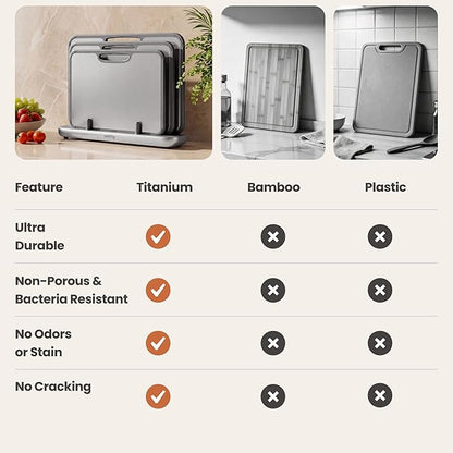 SMIRLY Titanium Cutting Board for Kitchen, Double Sided Chopping Board Set with Holder, Pure Titanium, 3 Pack (Silver)