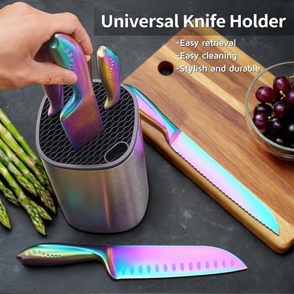WELLSTAR Rainbow Knife Set - 7-Piece Iridescent German High-Carbon Stainless Steel Kitchen Knives with Universal Knife Block, Colorful Kitchen Cutlery for Cooking and Food Prep