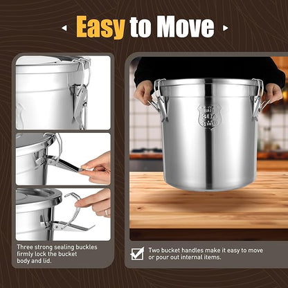 8.7Gal Stainless Steel Canister with Airtight Lid 40-50Lbs Flour Storage Containers for Kitchen Metal Rice Bucket Coffee Canister Dog Food Container Milk Can w/Handles & Sealing Buckles (33L)