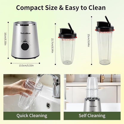 TuGoBlend Mini Blender with 2 Portable Cups (20oz + 13.5oz), 4-Blade Stainless Steel Blade Base, Personal Blender for Smoothies, Shakes, Juices, BPA-Free for Home, Office, Gym & Travel
