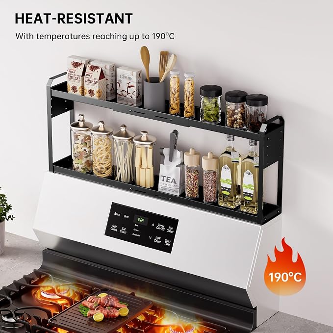 2 Tier Magnetic Over the Stove Shelf, Expandable Metal Spice Rack Organizer for Flat Top Gas Stove, Over Oven Storage for Seasonings, Oil Bottles, Spice Jars and Kitchen Essentials, Black