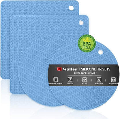 Walfos Silicone Trivet Mats - 4 Heat Resistant Pot Holders, Multipurpose Non-Slip Hot Pads for Kitchen Potholders, Hot Dishers, Jar Opener, Spoon Holder, Food Grade Silicone & BPA Free (Nordic Blue)