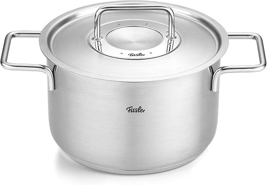 Fissler Pure Collection 6-Piece Stainless Steel Saucepan Set with Metal Lids (3 Saucepans, 1 Stewing Pan 1 Saucepan 1 Stainless Steel Care) - Induction, Silver