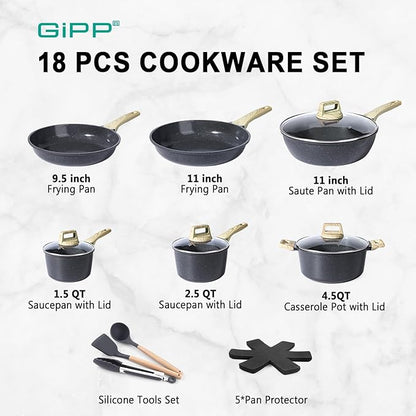 GiPP Ceramic Pots and Pans Set Non Stick - 18 Pcs Nonstick Cookware Set, Non-toxic Healthy Kitchen Cooking Set w/Frying Pans Set, Dishwasher Safe, PFAS PTFE PFOA PFOS Free, Dark Gray