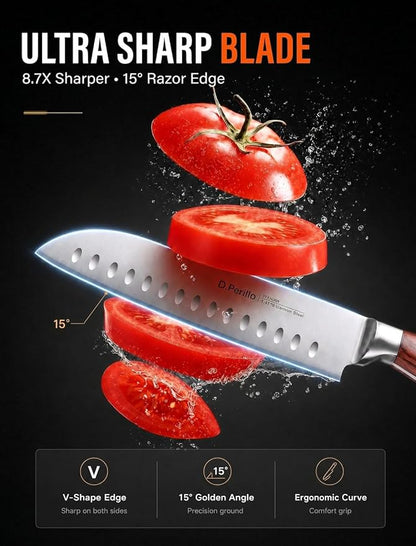 Kitchen Knife Set, 16 Pcs Stainless Steel Kitchen Knife Set with Sharpener & Wooden Block, Knife Block Set with Wood Handle, Chef, Santoku, Bread, Utility, Paring & Carving Fork Knife, Brown