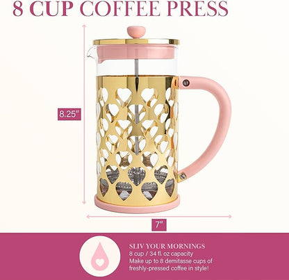Paris Hilton French Press Coffee Maker With Heart Shaped Measuring Scoop, 2-Piece Set, 8-Cup or 34-Ounce, Pink