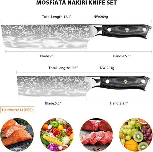 MOSFiATA Nakiri Kitchen Knife, 7”&5.5" Chef Knife Set, Ultra Sharp German Stainless Steel Cleaver Cooking Knife with Ergonomic Handle Gift Box