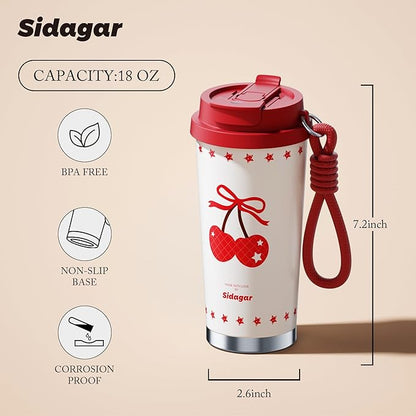 Insulated Travel Coffee Mug,18 oz Stainless Steel Coffee Tumbler with Flip Straw, Double Wall Thermal Cup with Leak Proof Lid,Reusable Ceramic Water Bottle for Office, Cherry