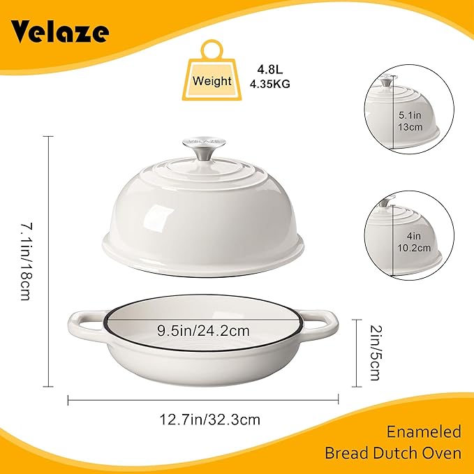 Velaze Enameled Cast Iron Dutch Oven for Bread Baking,5 QT Bread Oven Pot with Dome Lid for Crispy Artisan Bread & Bakery-Style Homemade Loaves(White)
