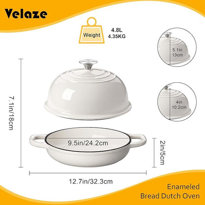 Velaze Enameled Cast Iron Dutch Oven for Bread Baking,5 QT Bread Oven Pot with Dome Lid for Crispy Artisan Bread & Bakery-Style Homemade Loaves(White)
