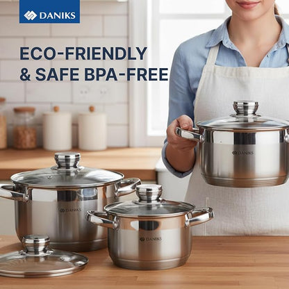 Daniks Standard 6-Piece Stainless Steel Cookware set with Glass Lid, Tri-Ply Bases for Even Heating, Induction Compatible, Dishwasher Safe, Built-In Measuring Scale, Silver