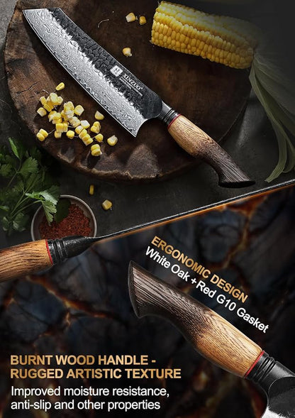 XINZUO 8.3 Inch Kiritsuke Chef Knife, Forged 67 Layers 10Cr15Comov High Carbon Damascus Steel Professional Kitchen Knife,Super Sharp，White Oak + Red G10 Gasket Handle