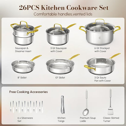 Stainless Steel Cookware Set, Tri-Ply Pots and Pans Set, 26 Piece Kitchen Cooking Utensils Set with Lids, Gold Grip Handles, Induction, Oven, Non-Toxic, Dishwasher Safe, Professional Chef Quality