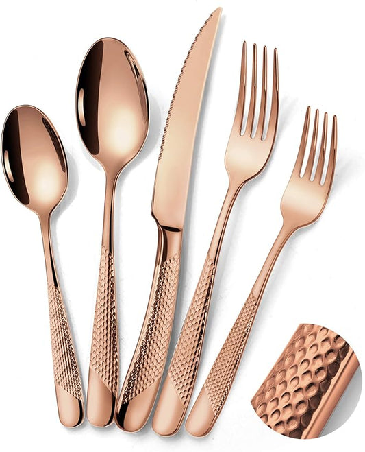 Lemeya 20-Piece Hammered Rose gold Silverware Set for 4,18/10 Stainless Steel Flatware Set with Serrated Forged Knives,Heavy Duty Cutlery Set for Home & Party,Mirror Polished, Dishwasher Safe