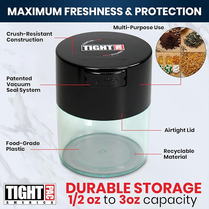 Tightvac - Premium Airtight Herb Storage Container - Holds ½ oz to 3 ounces - Keep Your Herbs and Dry Goods Fresh and Flavorful. Clear Black