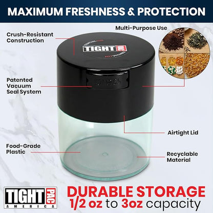 Tightvac - Premium Airtight Herb Storage Container - Holds ½ oz to 3 ounces - Keep Your Herbs and Dry Goods Fresh and Flavorful. Clear Black