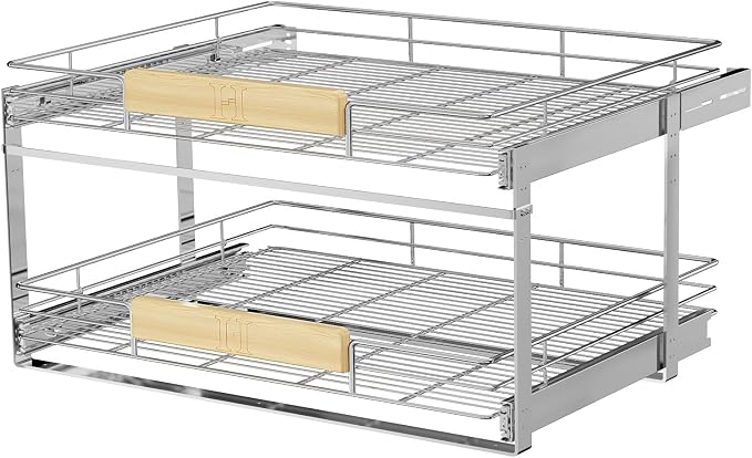 LOVMOR 2 Tier Pull Out Cabinet Organizer 28½" W x 21½" D, Slide Out Drawers with Wooden Handle, Sliding Shelves Organization and Storage for Kitchen, Pantry