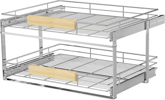 LOVMOR 2 Tier Pull Out Cabinet Organizer 28½" W x 21½" D, Slide Out Drawers with Wooden Handle, Sliding Shelves Organization and Storage for Kitchen, Pantry