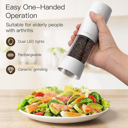 Ultrean Salt and Pepper Grinder Set, USB-C Rechargeable Automatic Pepper Grinder Spice Mill, 6 Adjustable Coarseness LED Light Larger Capacity, Kitchen Gadget, Black & White
