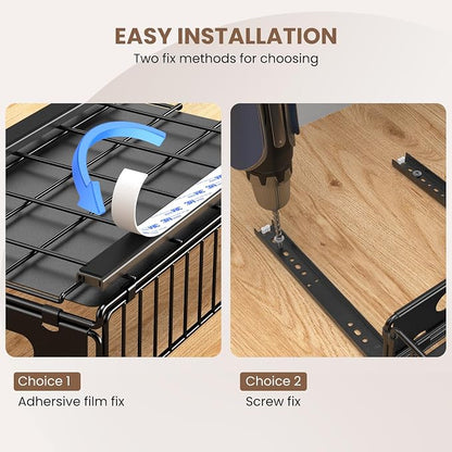 4 Pack Pull Out Cabinet Organizer, Heavy Duty Slide Out Drawer with No Drill Adhesive or Screw Mount, Carbon Steel Roll Out Shelf for Kitchen Cabinet, Pantry & Bathroom Storage